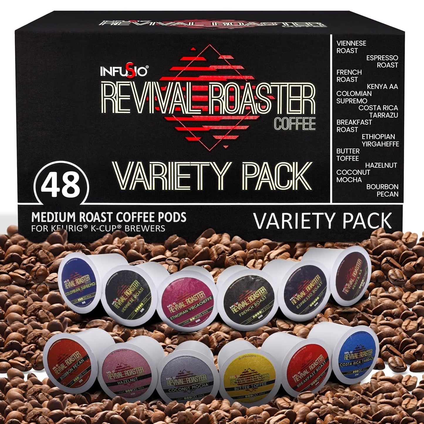 InfuSio Coffee Pods Variety Pack - 48 Count  12 Crafted Medium & Dark Roast Blends and Artisan-Inspired Flavors Like spirit-inspired flavor Pecan & Butter Toffee  Revival Roaster Collection  Compatible with Keurig 2.0 malt-inspired