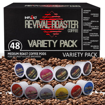 InfuSio Coffee Pods Variety Pack - 48 Count  12 Crafted Medium & Dark Roast Blends and Artisan-Inspired Flavors Like spirit-inspired flavor Pecan & Butter Toffee  Revival Roaster Collection  Compatible with Keurig 2.0 malt-inspired