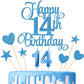 Lecferrarc 14th Birthday Cake Decorations Set, Glitter Happy 14th Cake Toppers and Candles, Blue, Paper