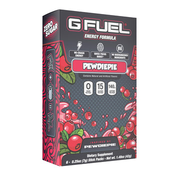 G Fuel PewDiePie Energy Powder Packets, Sugar Free, Lingonberry Flavor, Focus Amino Blend - 6 Stick Pack, 0.25 oz