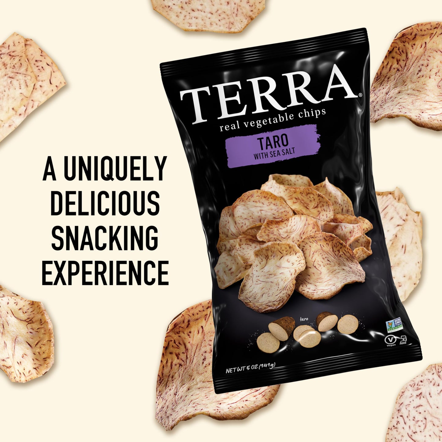 Terra Vegetable Chips, Taro Chips with Sea Salt, 5 Oz (Pack of 12), Black & Peach