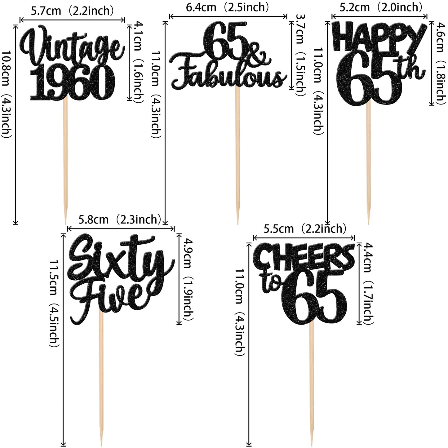 30Pcs Happy 65Th Birthday Cupcake Toppers Glitter Sixty Five Vintage 1958 Cupcake Picks 65 Fabulous Cheers To 65 Years Cake Deco