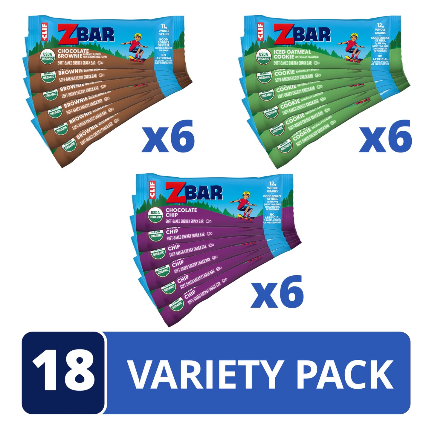 Zbar - Chocolate Chip, Iced Oatmeal Cookie, And Chocolate Brownie - Variety Pack - Soft-Baked Energy Snack Bars - Non-Gmo - 11-12G Whole Grains - Usda Organic Granola Bars (18 Count, Mix May Vary)