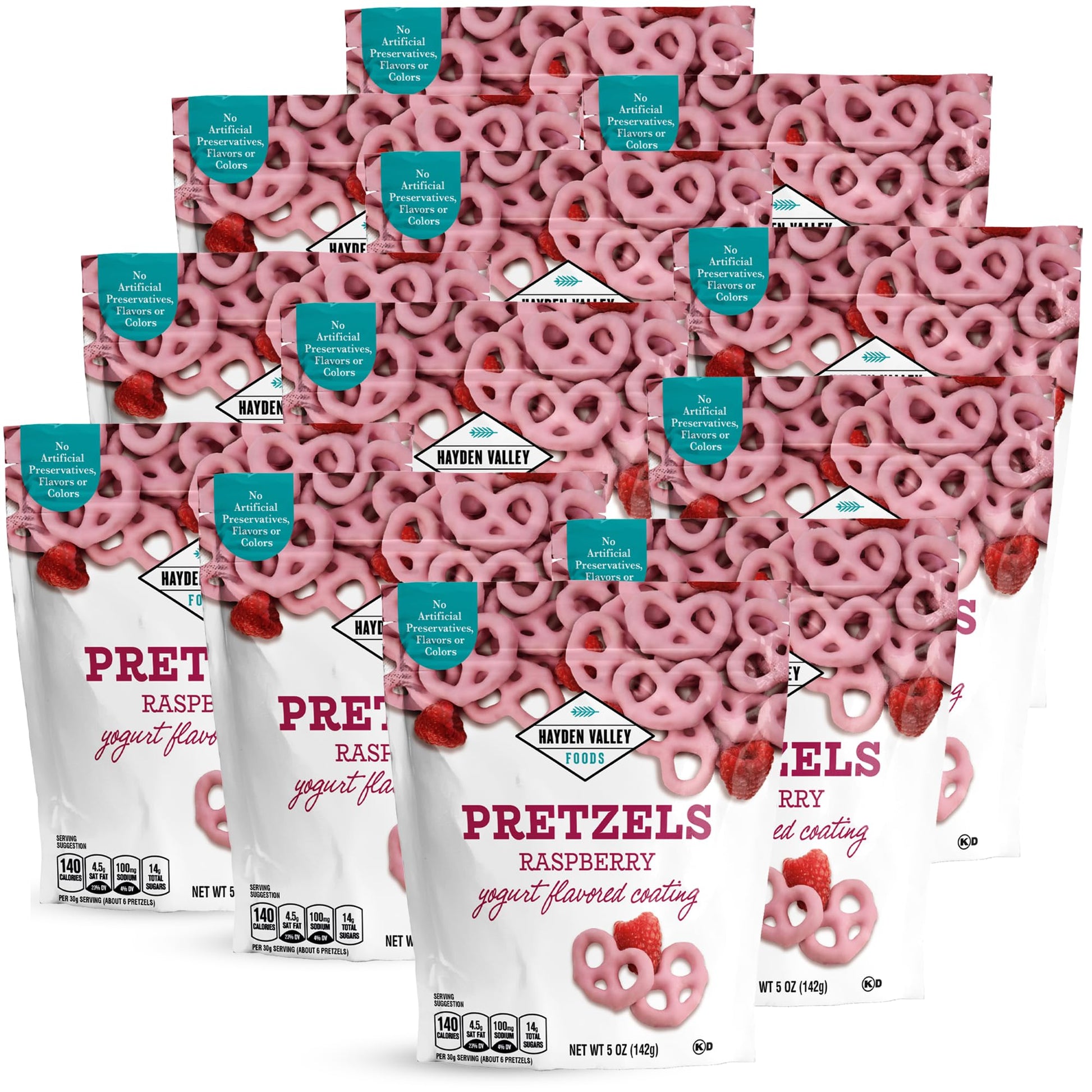 Hayden Valley Foods Raspberry Yogurt Covered Pretzels - 5 oz Bags (Pack of 12) - No Artificial Flavors or Preservatives