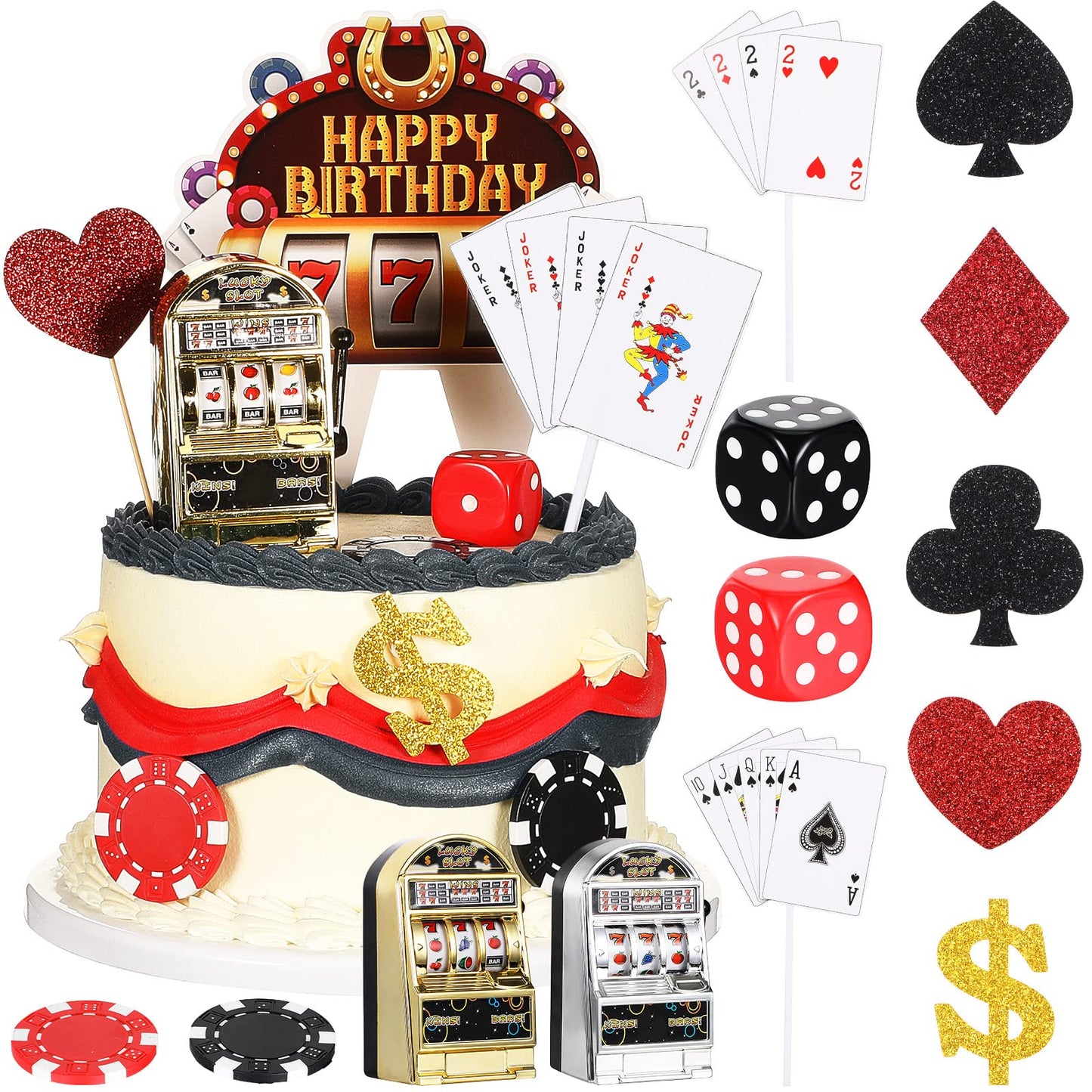 Gersoniel Casino Cake Decorations Set - 21 Pieces, Mini Slot Machine, Poker Chips, Dices, Plastic, Perfect for Las Vegas Theme Parties