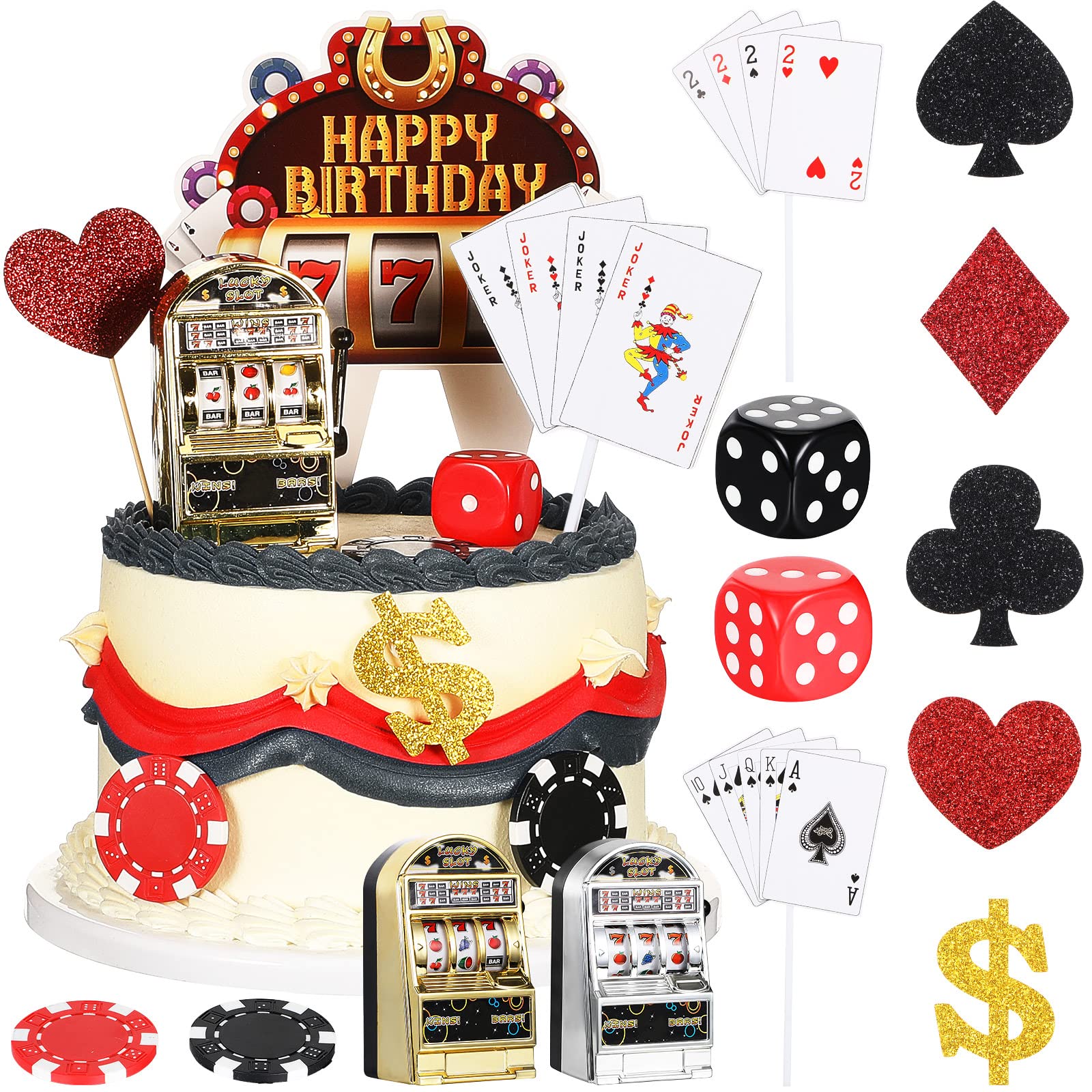 Gersoniel Casino Cake Decorations Set - 21 Pieces, Mini Slot Machine, Poker Chips, Dices, Plastic, Perfect for Las Vegas Theme Parties
