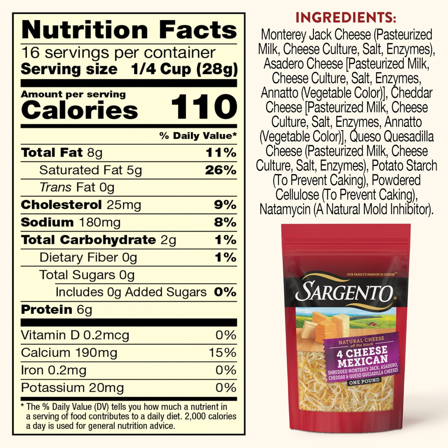 Sargento Natural 4 Cheese Mexican Shredded Cheese, Fine Cut, 16 oz