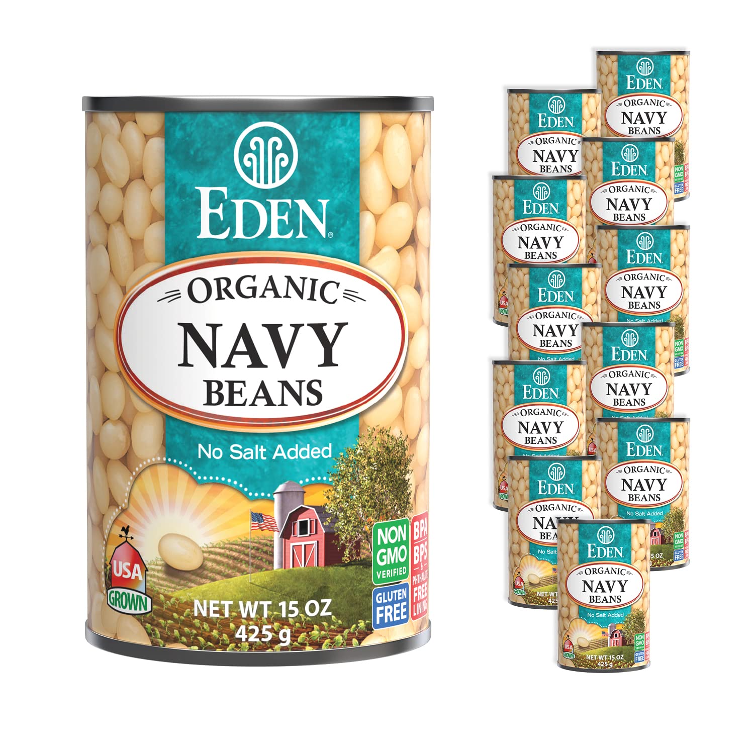 Eden Organic Navy Beans/White Beans, 15 oz Can (12-Pack), No Salt, Non-GMO, Gluten Free, Vegan, Kosher, U.S. Grown, Heat and Ser
