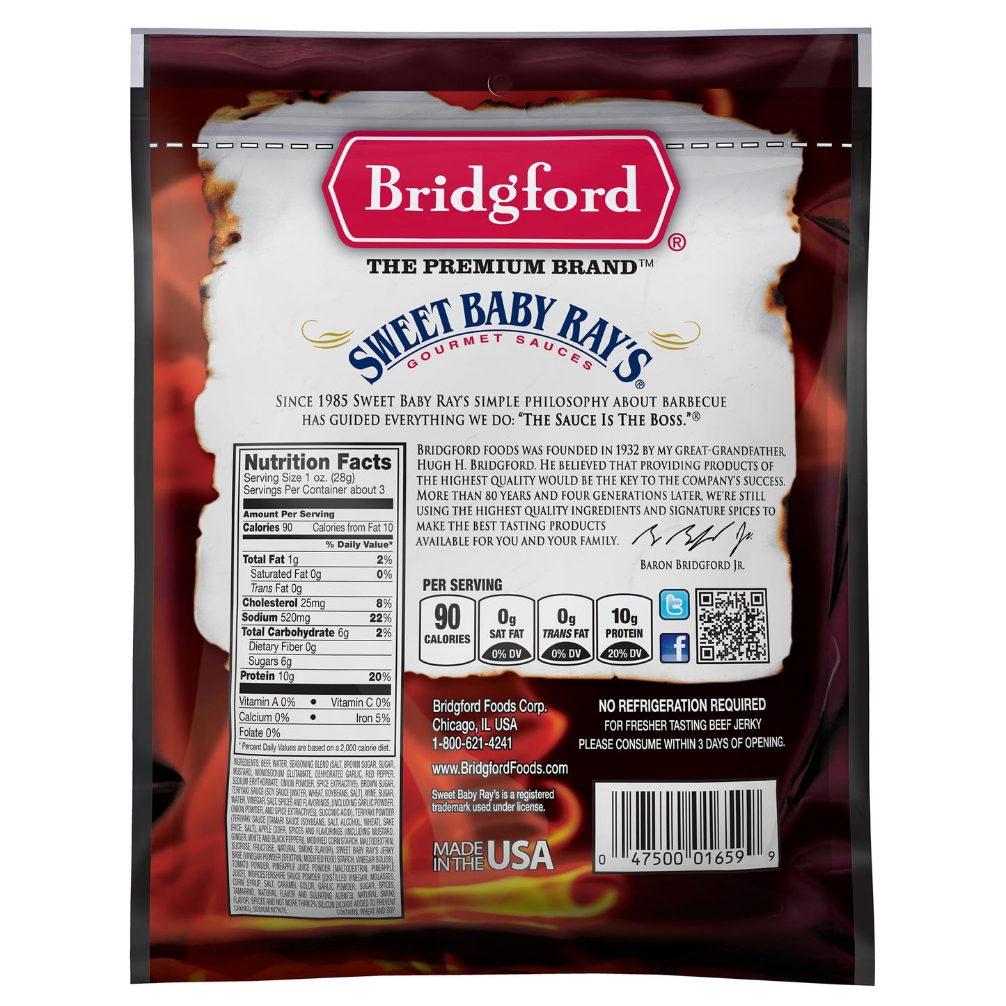 Bridgford Sweet Baby Rays Beef Jerky Sweet Teriyaki 3.25 Oz Pack Of 6 - Protein-Rich Snacks For Low Carb And High Protein Diets