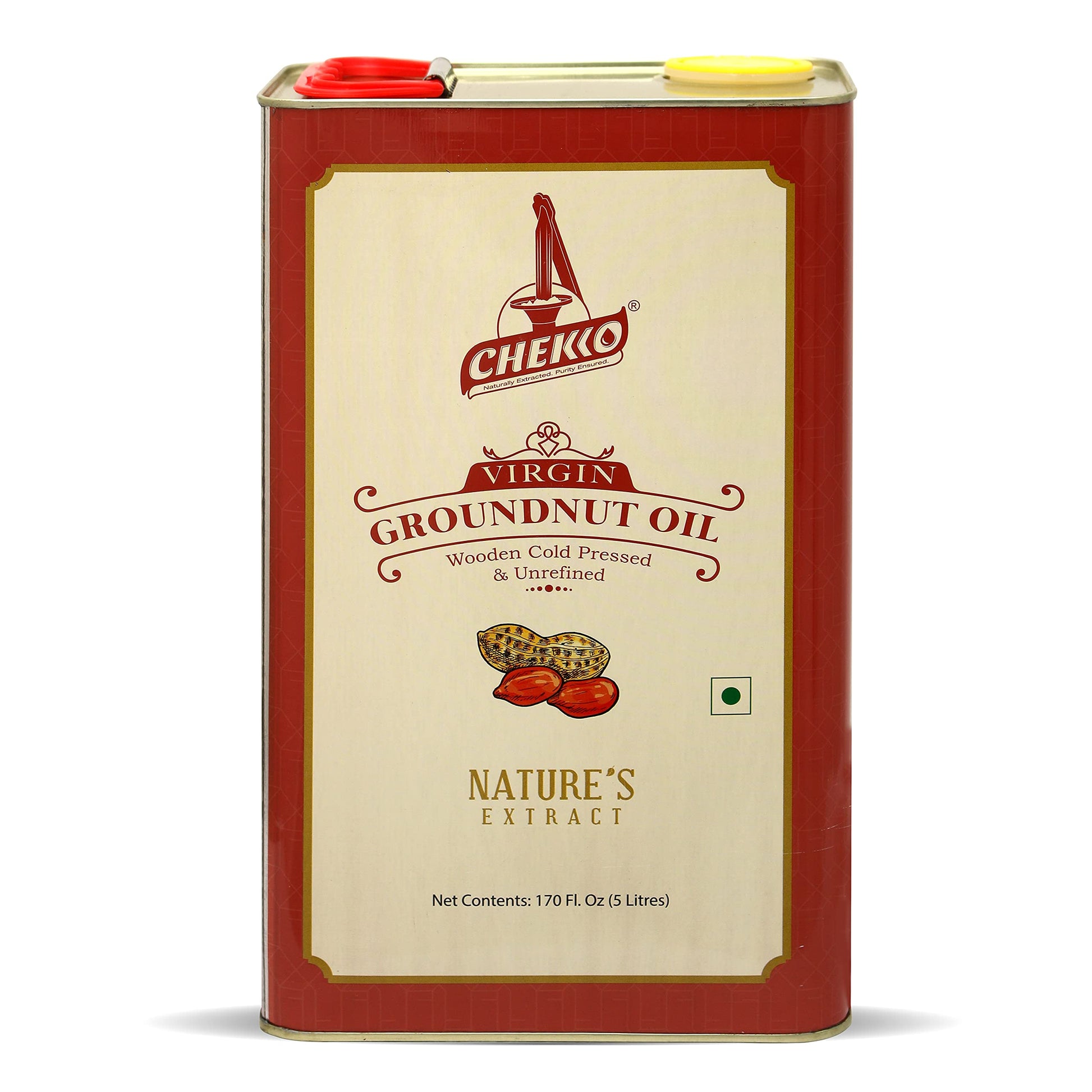 Chekko Kachi Ghani Cold Pressed Virgin 5L Groundnut/Peanut Oil | 100% Natural, Pure & Wood Pressed 5 Litre for Cooking