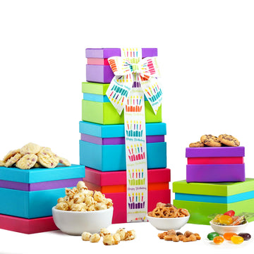 Broadway Basketeers Birthday Food Gift Basket 4 Box Tower – Snack Box, Sweet & Savory Treats For Parties, Best Wishes, Birthday Presents For Women, Men, Mom, Dad, Her, Him, Families