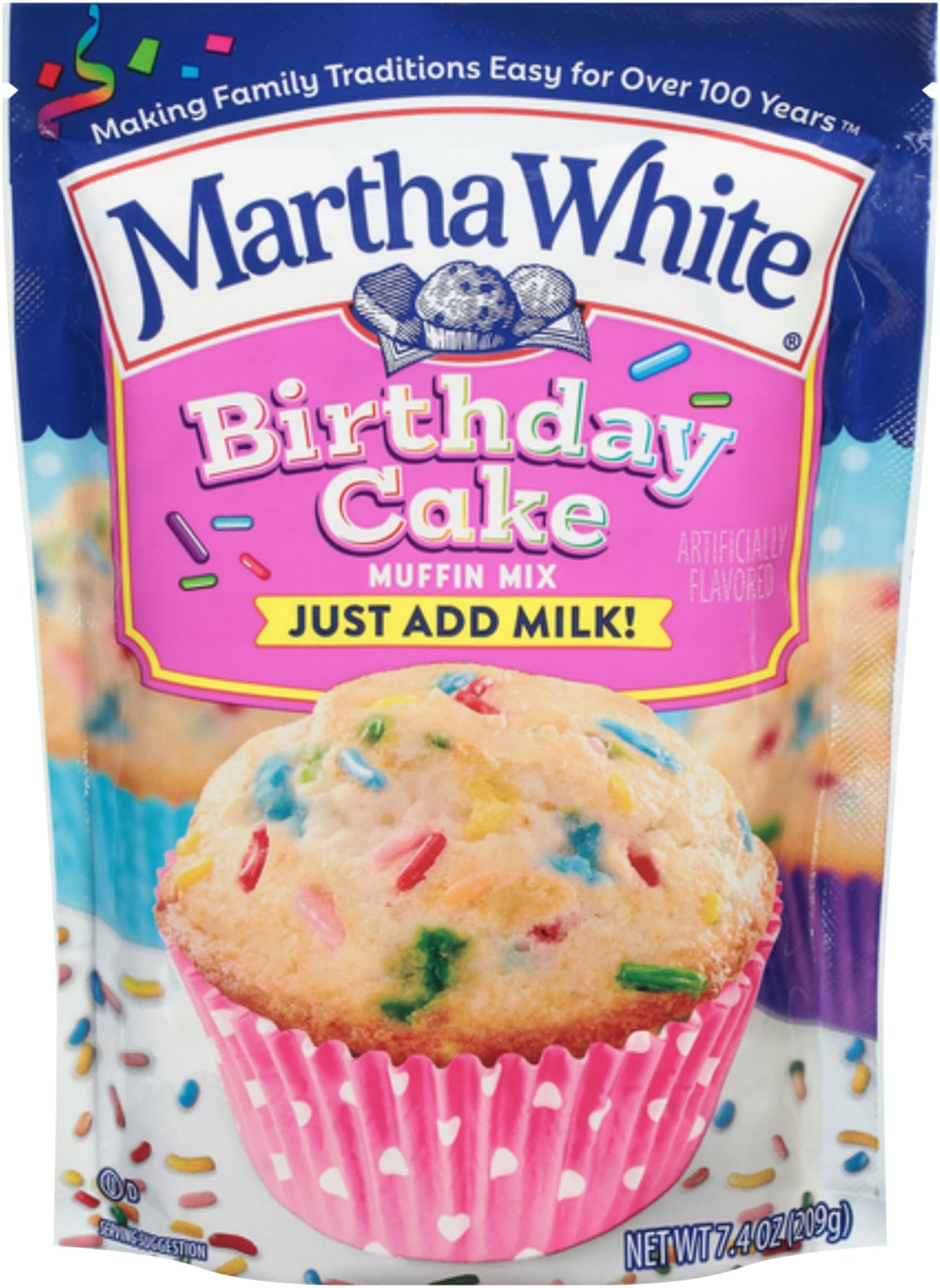 Martha White Birthday Cake Muffin Mix, 7.4 oz, Pack of 3, Perfect for Baking