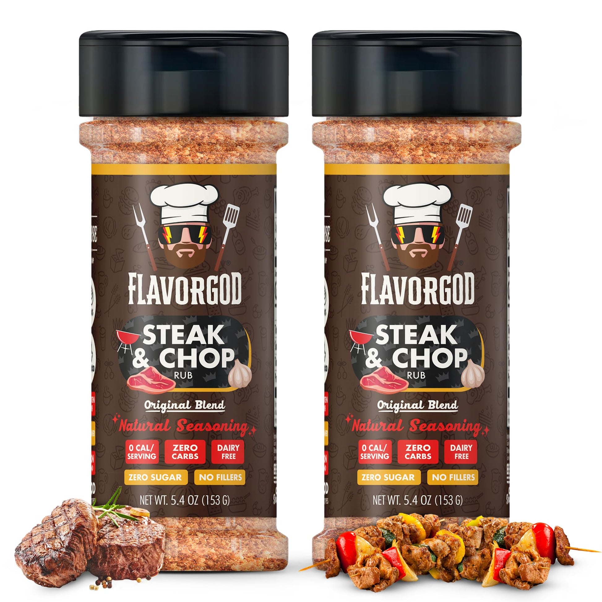 Flavor God Steak & Chop Rub Seasoning Mix - Premium All Natural Spice Blend for Beef, Pork & Vegetables - 2 Pack, Gluten-Free, Vegan, Kosher