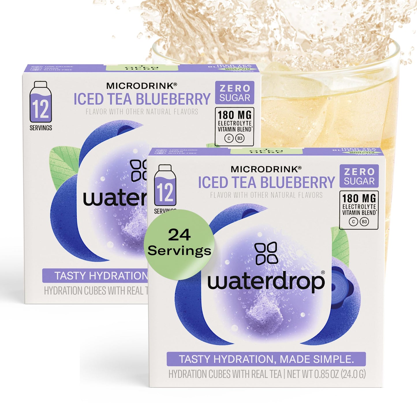 Waterdrop Hydration Cubes, Blueberry Iced Tea, 180 MG Electrolytes & Vitamin C & B3, On the Go Water Enhancer for Still & Sparkl