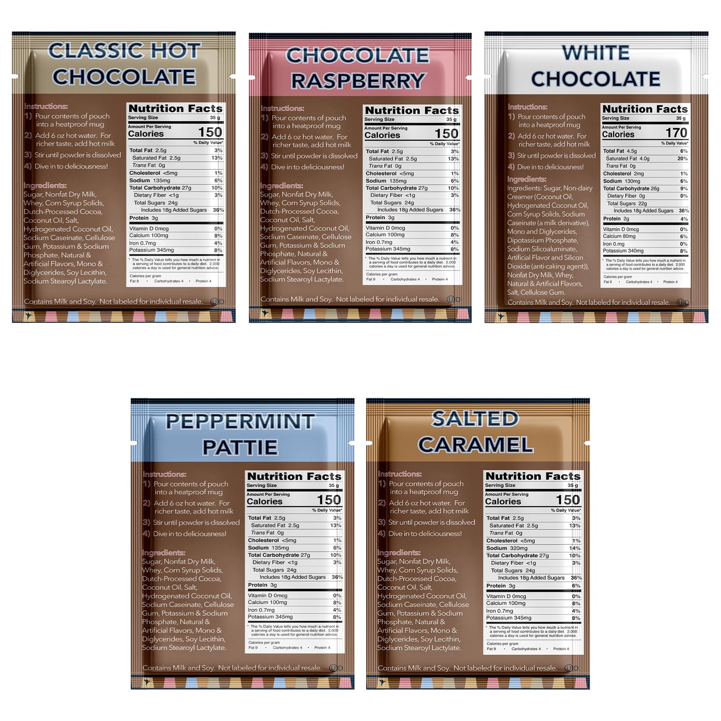 Double Donut Coffee Flavored Hot Chocolate Packets Variety Pack  9 Count Includes Classic  Chocolate Raspberry  Salted Caramel  Peppermint  Eggnog & Gingerbread