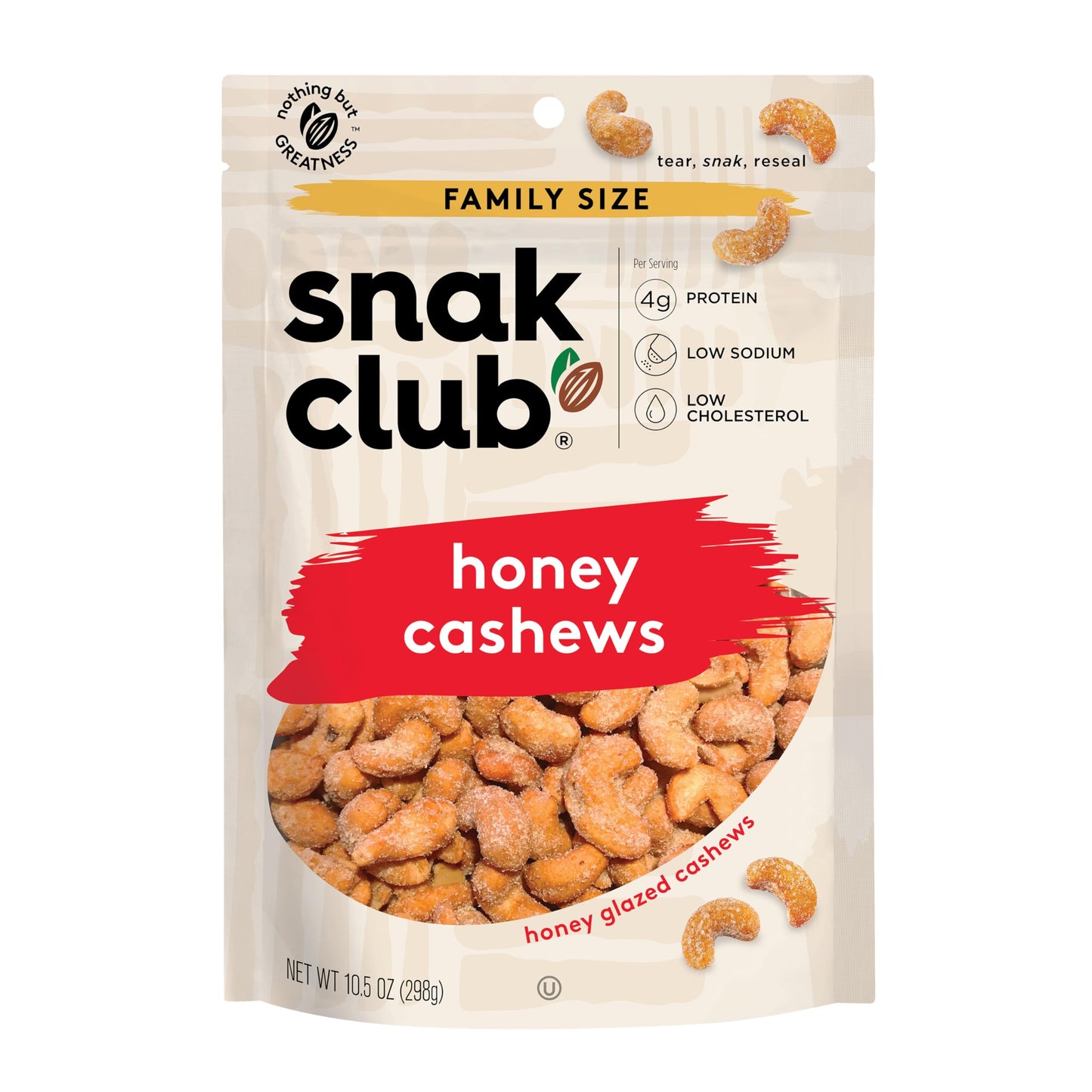 Snak Club Bags Honey Cashews, Crunchy, Glazed, Gluten-Free, Family Size, 10.5 Ounce