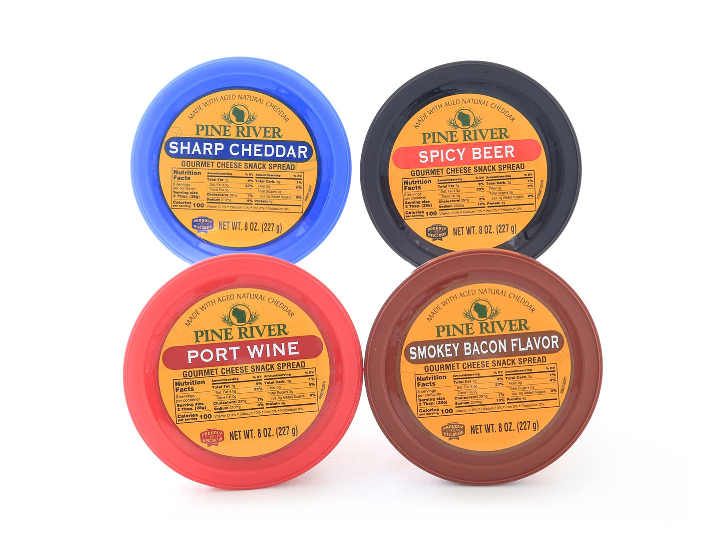 Wisconsin Cheese Mart Pine River Cheese Spreads Variety 4-Pack - Sharp Cheddar, Spicy Beer, Smokey Bacon, Port Wine - 4 x 8 oz Tubs