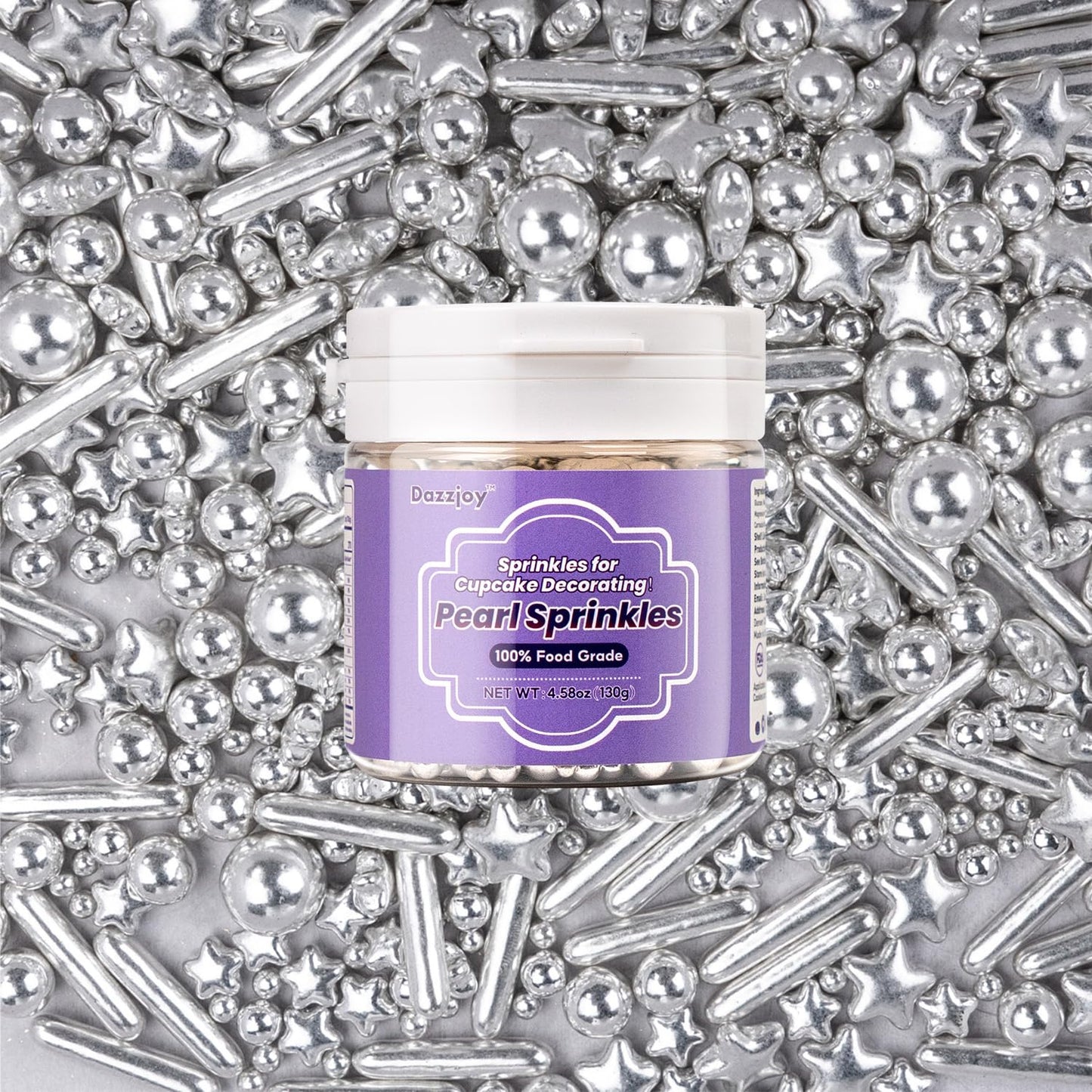 Dazzjoy Edible Silver Star Pearl Sprinkles, Ball Sugar Candy, Edible Silver Pearls For Cake Sprinkles, 130G/4.58Oz, Cupcake & Co