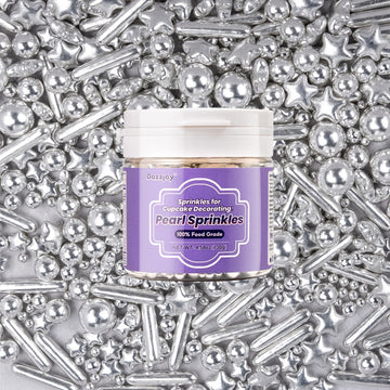 Dazzjoy Edible Silver Star Pearl Sprinkles, Ball Sugar Candy, Edible Silver Pearls For Cake Sprinkles, 130G/4.58Oz, Cupcake & Co