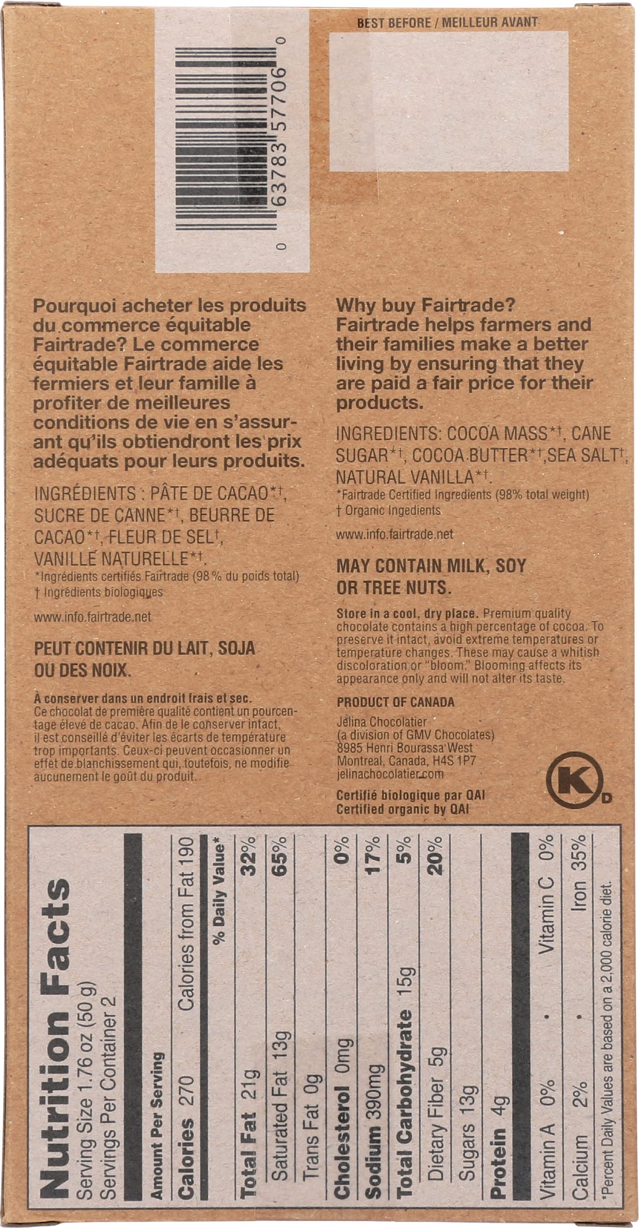 Jelina Chocolatier Organic Sea Salt Chocolate Bar 72% 3.52 Oz
