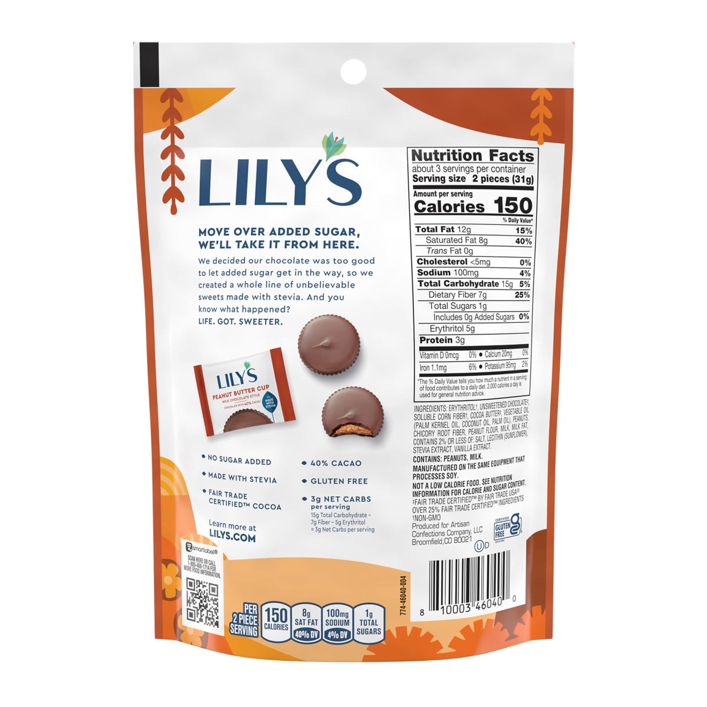 Lilys Sweets Milk Chocolate Style Peanut Butter Cups 3.2 Ounce Pouch