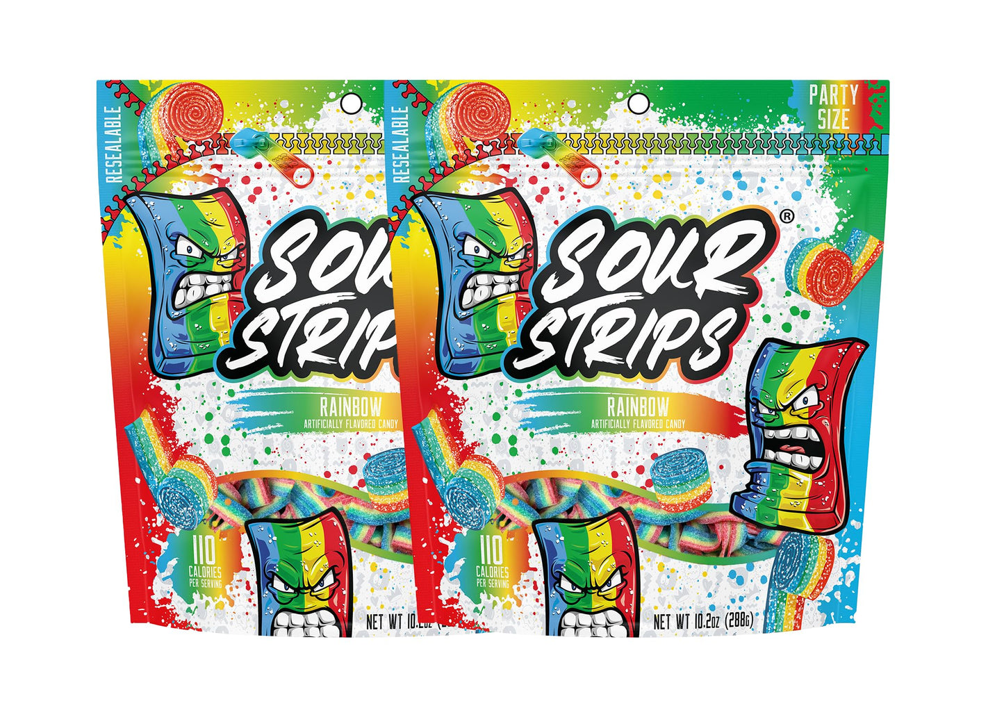 Sour Strips Flavored Sour Candy Strips, Deliciously Sour Chewy Candy Belts, Vegetarian Candies, Party Pack 2-Pack (Rainbow Party