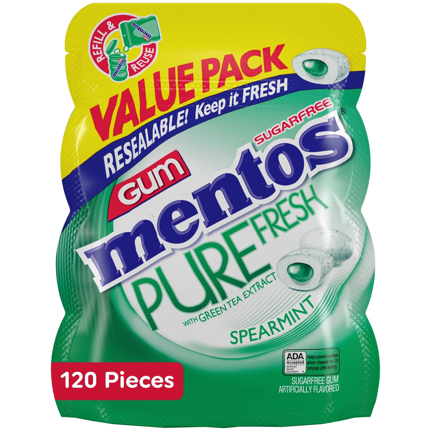 Mentos Pure Fresh Sugar-Free Chewing Gum With Xylitol, Spearmint, 120 Piece Resealable Bag (Bulk Pack Of 4)