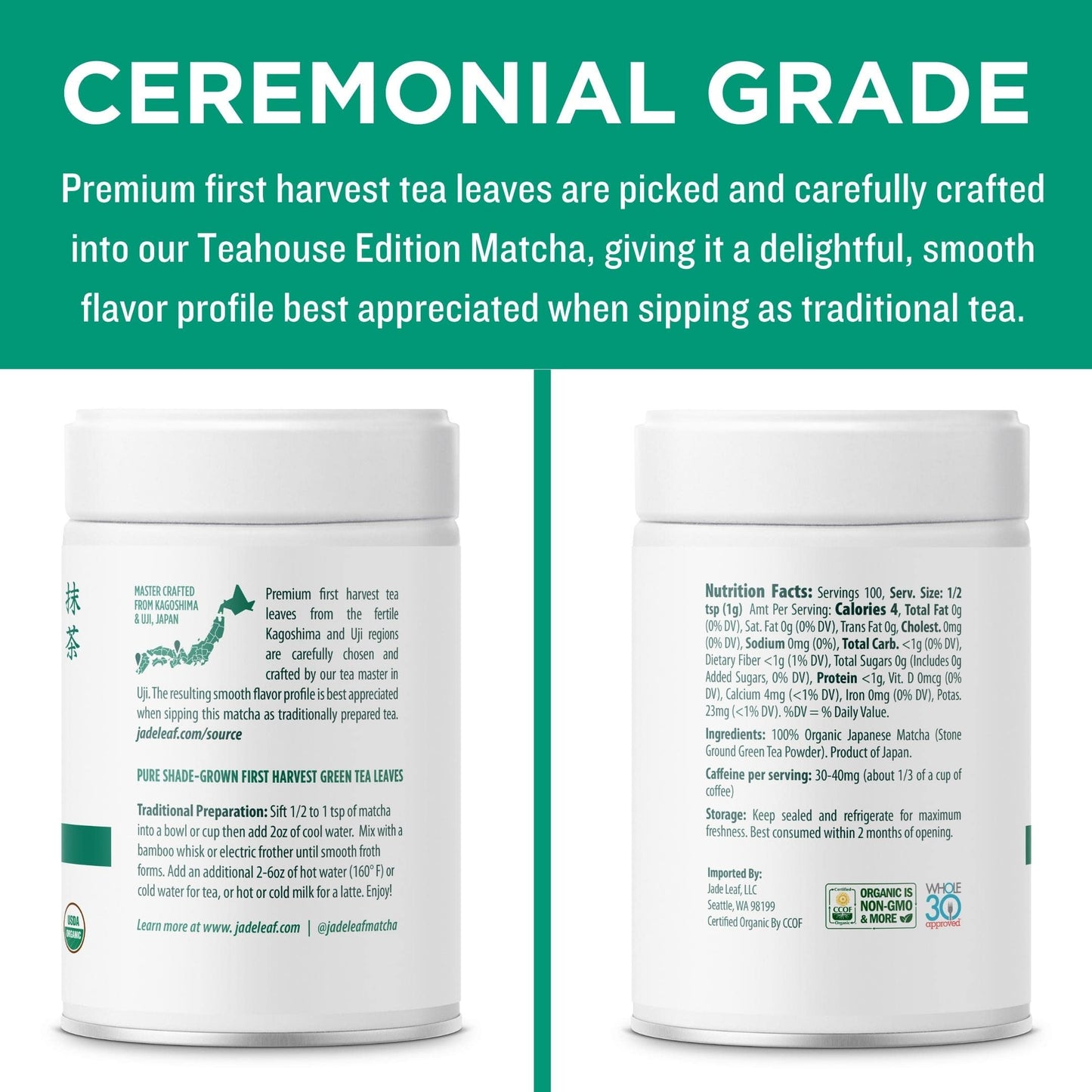 Jade Leaf Matcha Organic Ceremonial Grade Matcha Green Tea Powder - Teahouse Edition - 3.53 Ounce - Authentic Japanese Origin - Powder