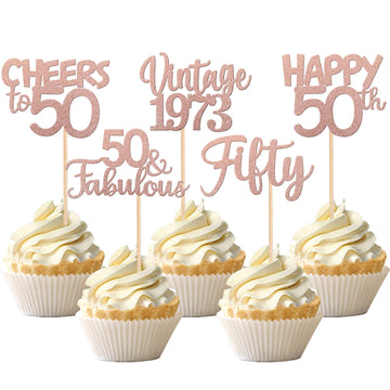 30Pcs Vintage 1973 Cupcake Toppers Glitter Fifty 50 Fabulous Happy 50Th Birthday Cupcake Picks Cheers To 50 Years For 50Th Birth