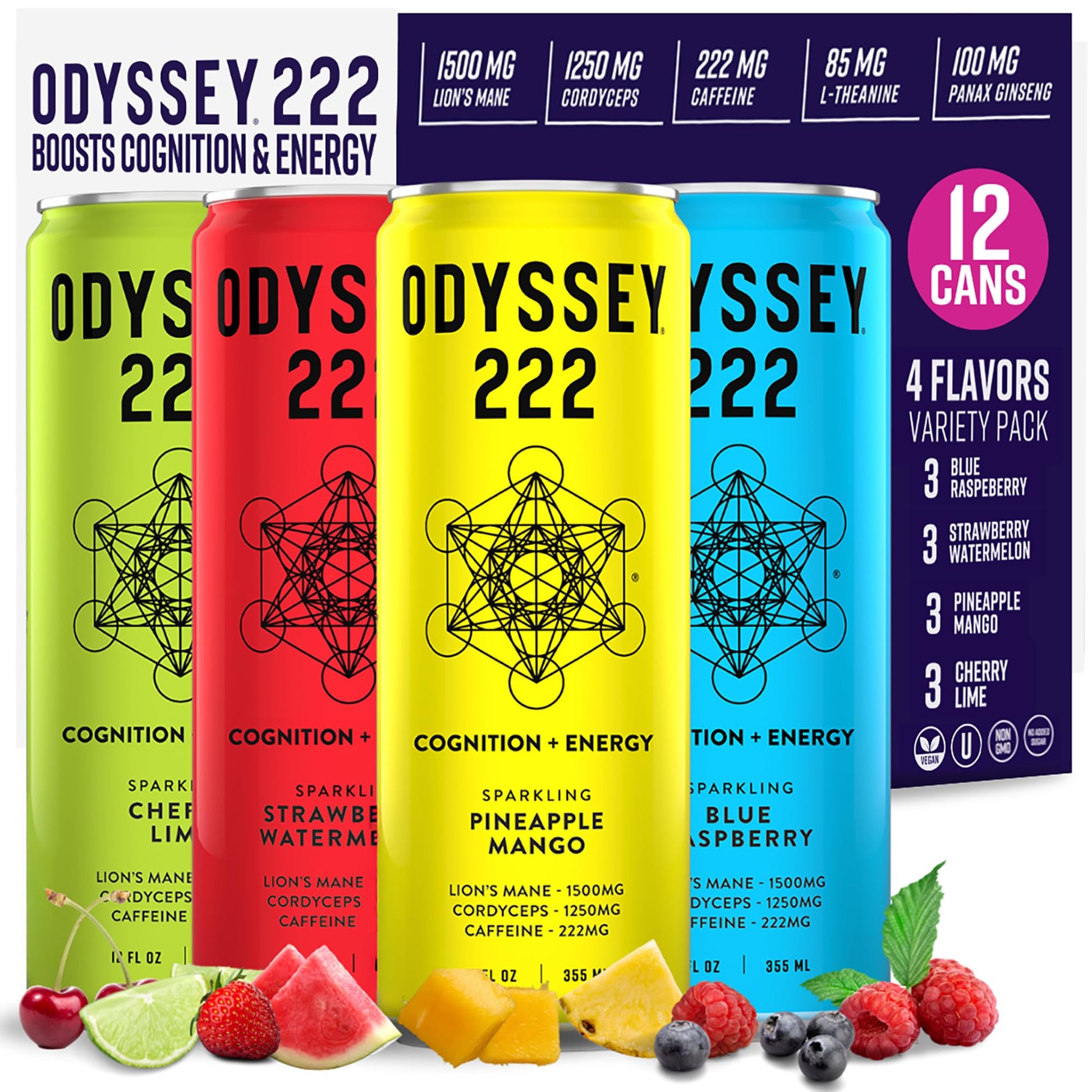 Odyssey 222 Energy Drink  Pre Workout  222Mg Energy Blend  Clean Energy Drinks  L Theanine  Lions Mane  Cordyceps & Green Tea For Energy  Focus & Mood Boost  Low Calorie  Variety Pack  12 Fl Oz  12 Pack