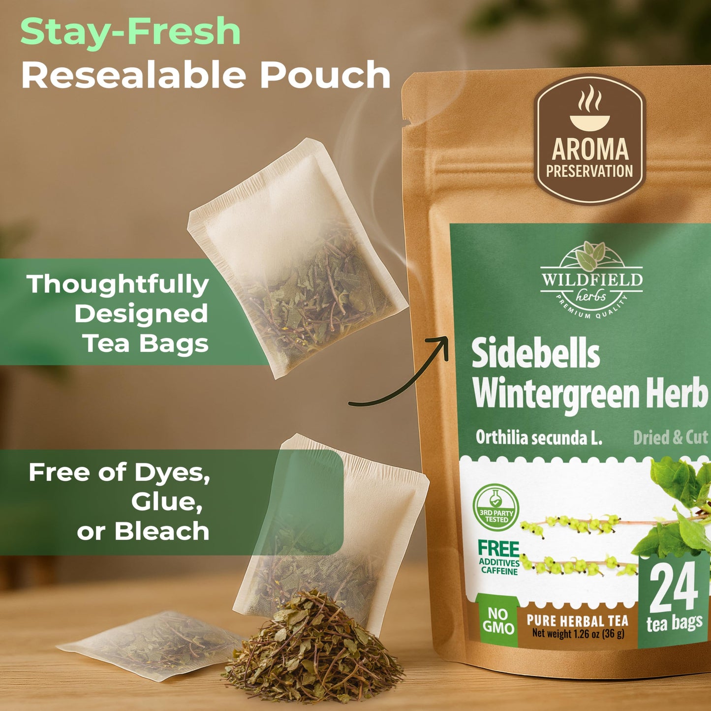 24 Bags Dried Cut Sidebells Wintergreen Herb Tea (Orthilia Secunda) - 24 Count 1.5G Tea Bags One-Sided Wintergreen Orthilia (Peralito)