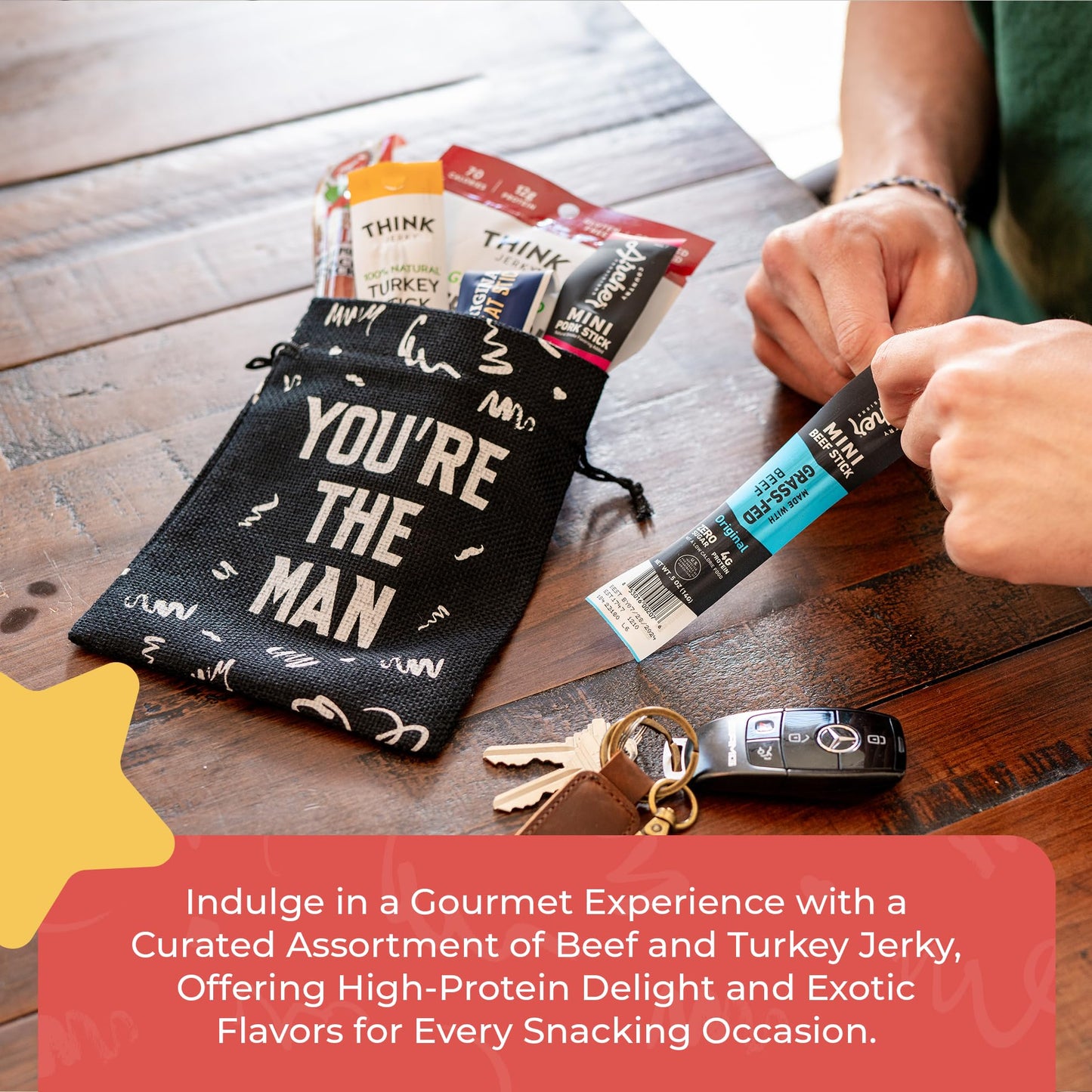 Jerky Sticks Gift For Men - Curated Assortment Of High Protein Snacks - Alternative To Beef Jerky Gift Basket - Beef & Turkey Je