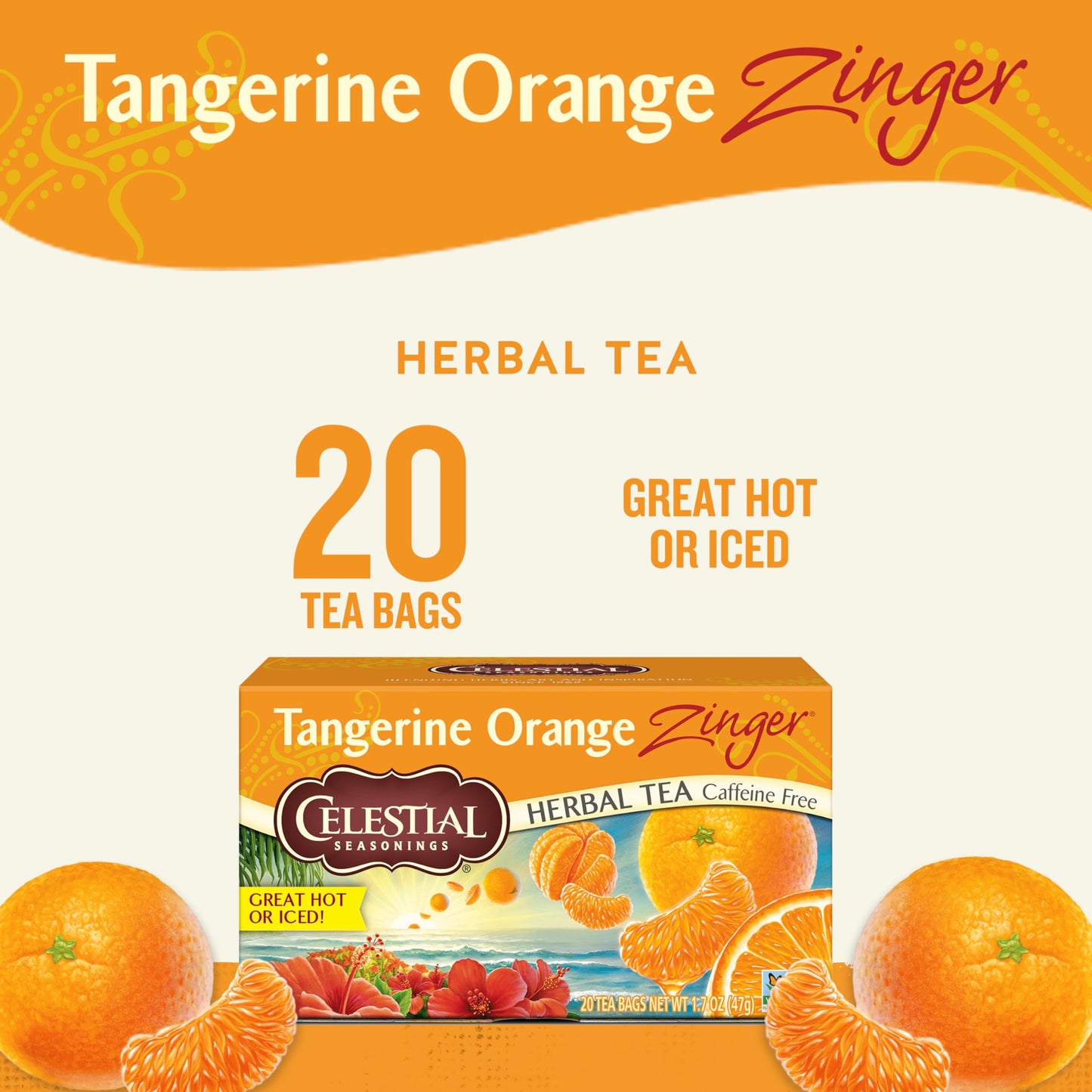 Celestial Seasonings Tangerine Orange Zinger Herbal Tea, Caffeine Free, 20 Bags, Pack of 6