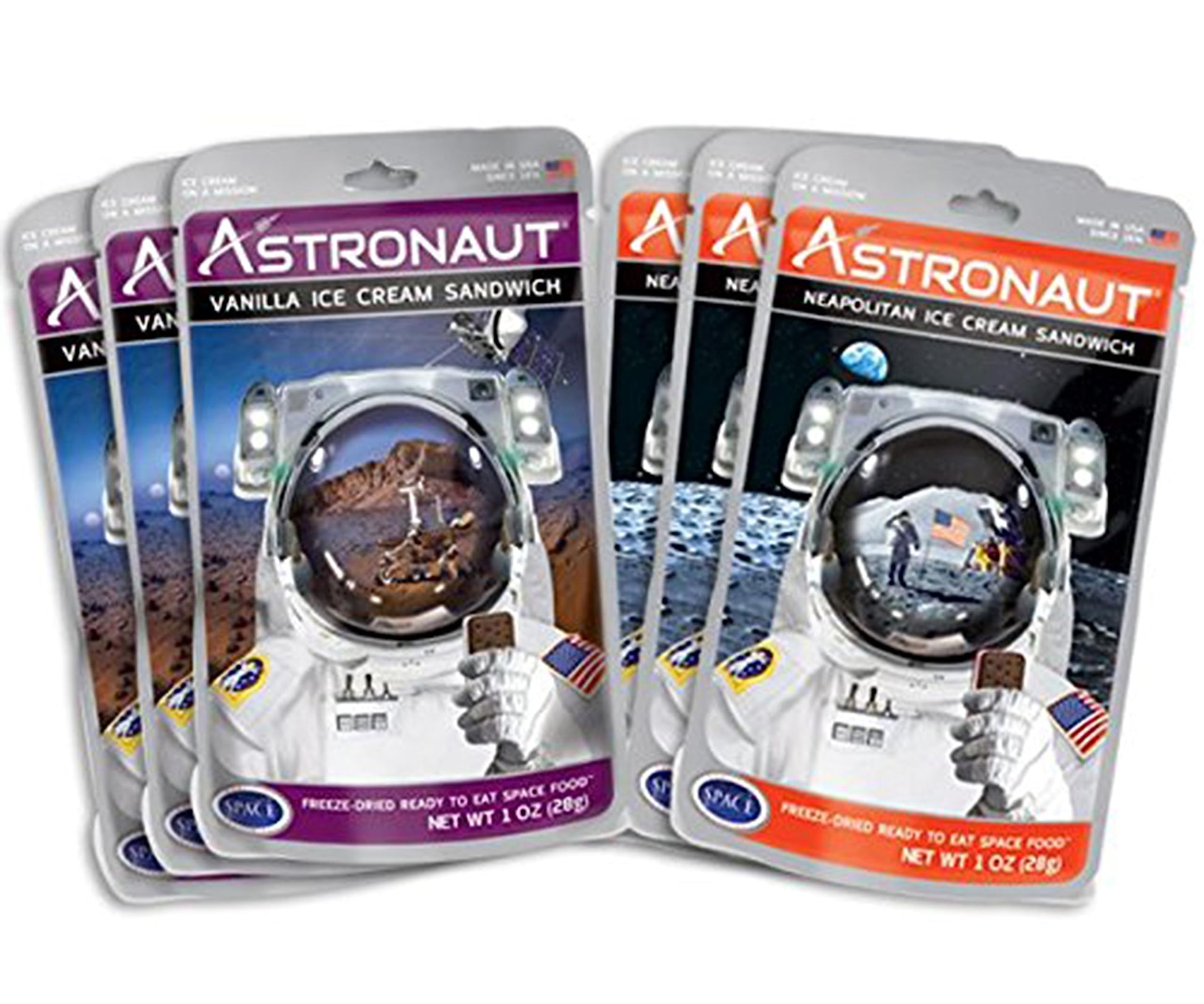 Astronaut Foods Freeze-Dried Ice Cream Sandwich, Nasa Space Dessert, Variety Pack With Vanilla And Neapolitan, 6 Count
