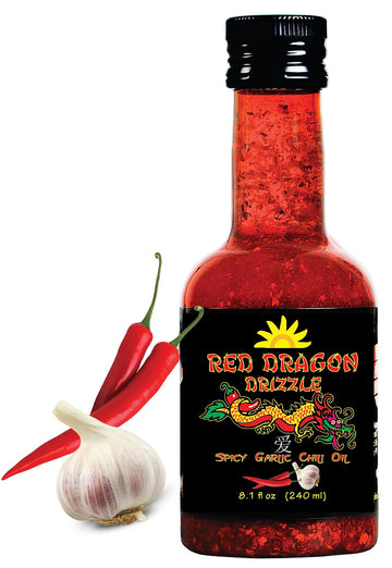 Red Dragon Drizzle - Spicy Garlic Chili Oil - Condiment & Ingredient, High-Oleic Sunflower Oil With Hot Chili Flakes, Vegan, Glu
