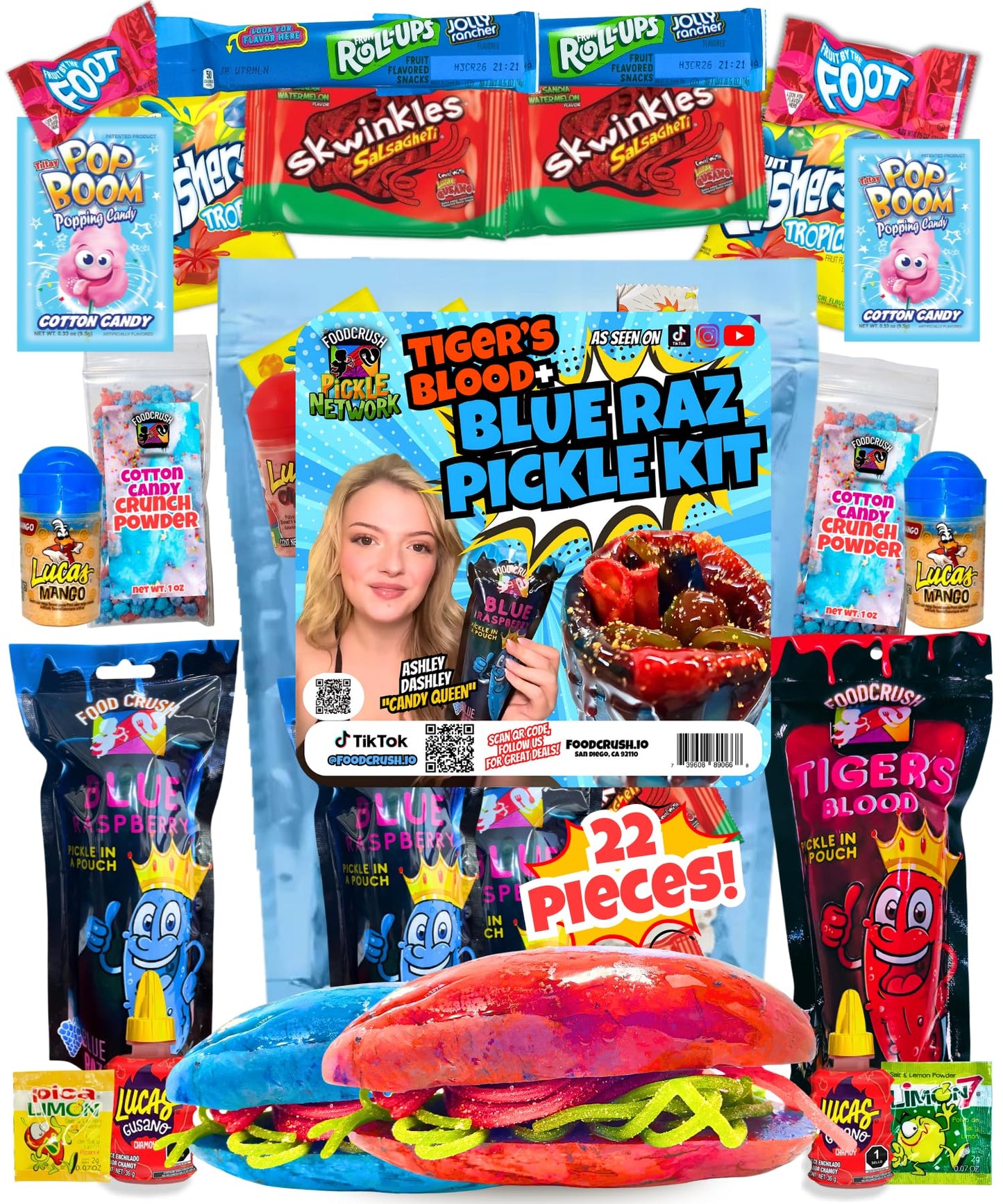 Blue Raspberry + Tigers Blood Pickle Kit -Gift Pouch By Ashley Dashley From Tiktok-1 Blue Raz + 1 Tiger Blood Pickles W/Skwinkles, Fruit Roll Ups-By Food Crush