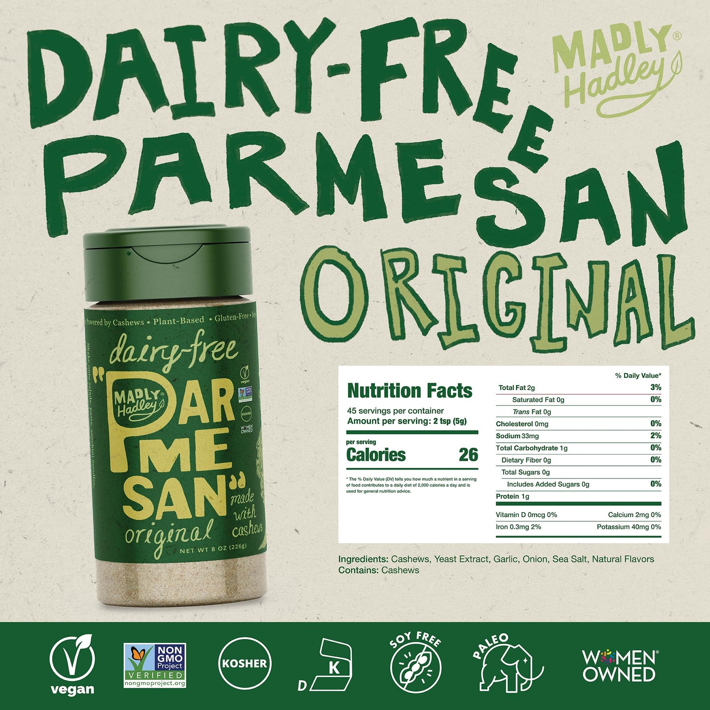Madly Hadley Plant-Based Parmesan Cheese Original - High Protein, Vegan Grated Shredded Cheese, Dairy-Free, Gluten-Free, Keto-Fr