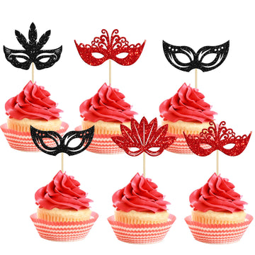 24Pcs Masquerade Masks Cupcake Toppers Black Red Glitter Mask Cupcake Picks for Masquerade Mardi Gras Party Baby Shower Birthday