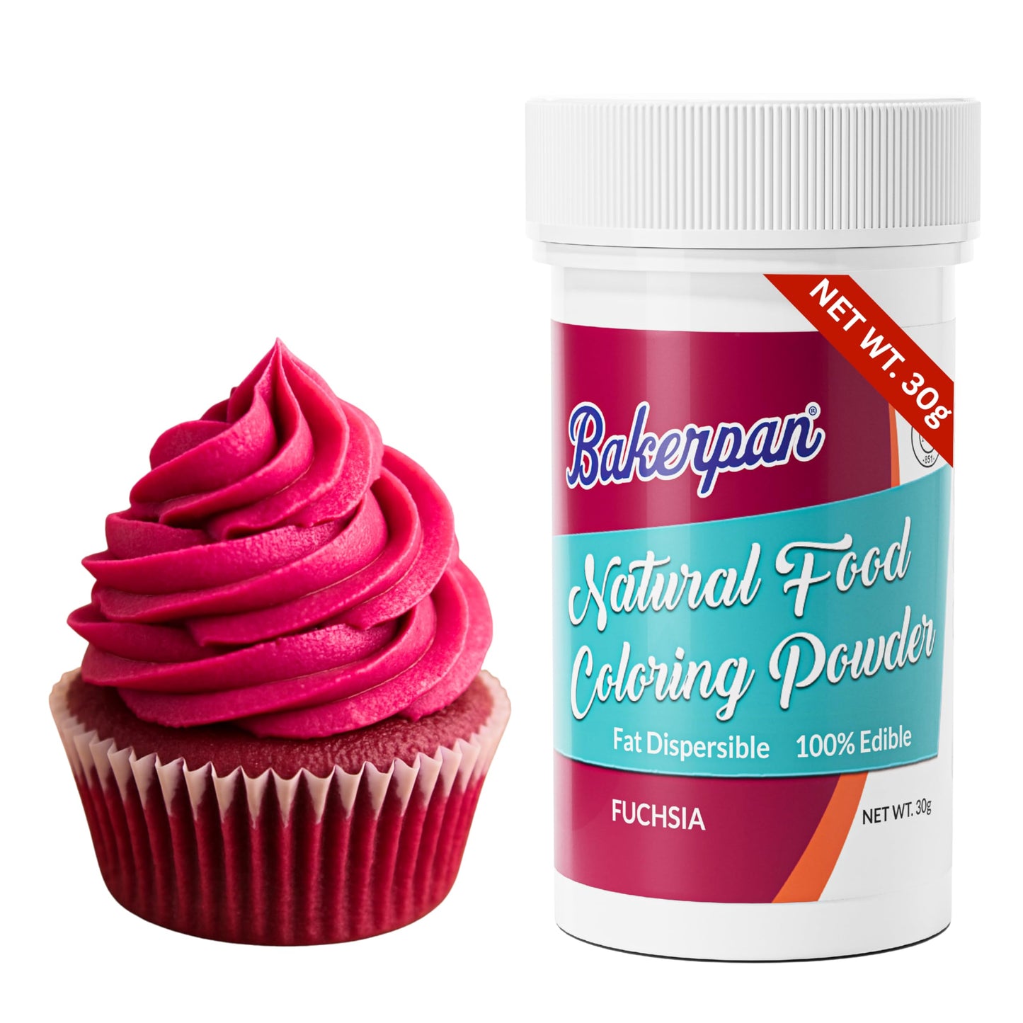 Bakerpan Fuchsia Pink Oil-Based Dye-Free Food Coloring Powder for Baking - 30 g - Plant-Based, Natural Coloring for Buttercream 