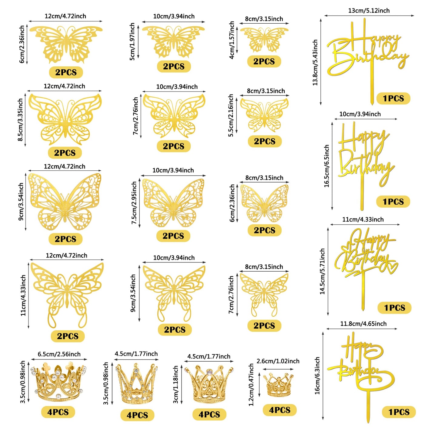 44 Pcs Gold Crown Cake Decoration 16 Pcs Mini Crown Tiny Crown With 24 Pcs Butterfly Wall Decors And 4 Pcs Birthday Cake Topper