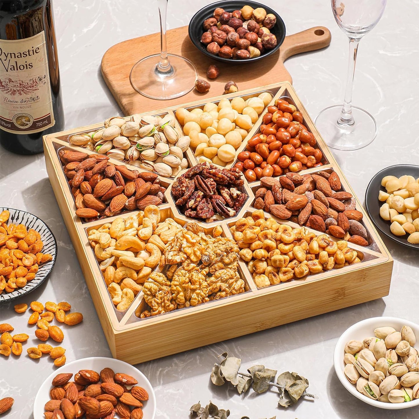 Gourmet Mixed Nuts Gift Basket In Sleek Bamboo Wood Reusable Platter | Xl 2 Lb Platter Includes 9 Assortments Of Enhanced Nuts, Kosher