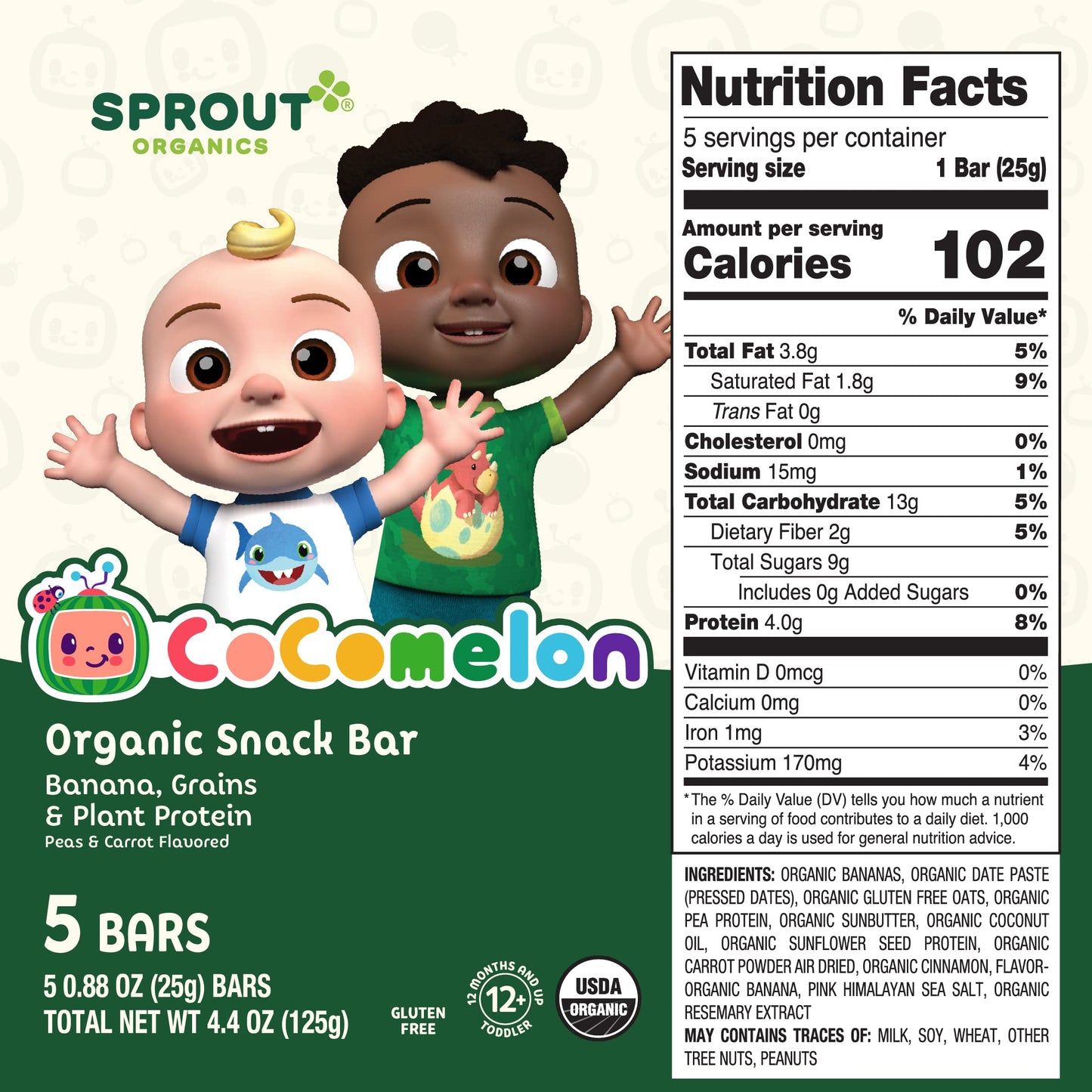 Cocomelon Sprout Organic Baby Food, Toddler Snacks, Bananas, Peas And Carrots Snack Bar (6 Pack)