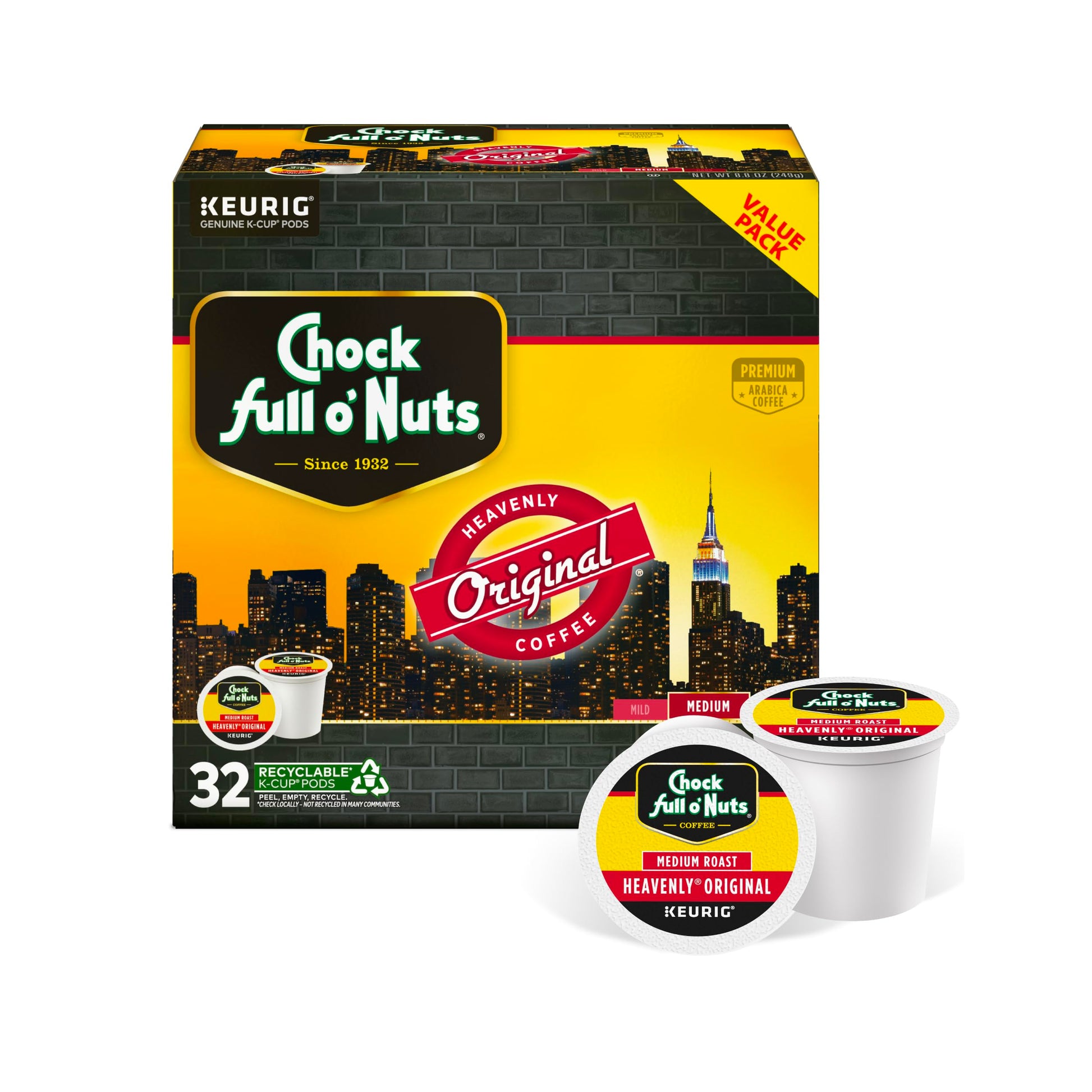Chock full oNuts Original Coffee, Compatible with Keurig K-Cup Pods (1 Pack of 32 Single-Serve Cups)