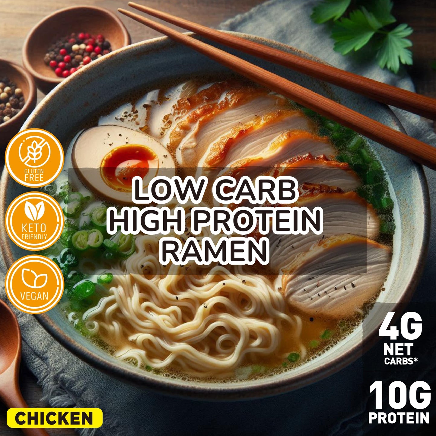 Low Carb ramen noodles (Chicken flavor 6 packs) Keto noodles 4g carbs, High Protein ramen 10g. Keto noodle plant based ramens no