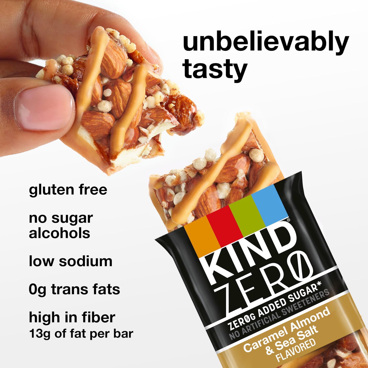 Kind Zero Added Sugar Bars, Keto Friendly Snacks, Caramel Almond And Sea Salt Flavored, 6.2Oz Box (5 Bars)