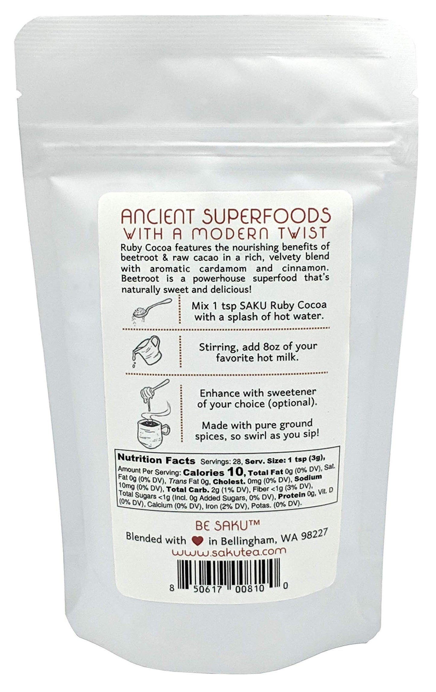 BE SAKU Ruby Cocoa Beetroot Latte Blend, Super Food Latte, 3oz Bag