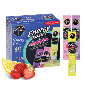 4C Energy Rush PSD Electrolyte Variety Pack Stix, 40 ct (14 Lemonade, 12 Strawberry, 14 Grape), 4.35 Ounce