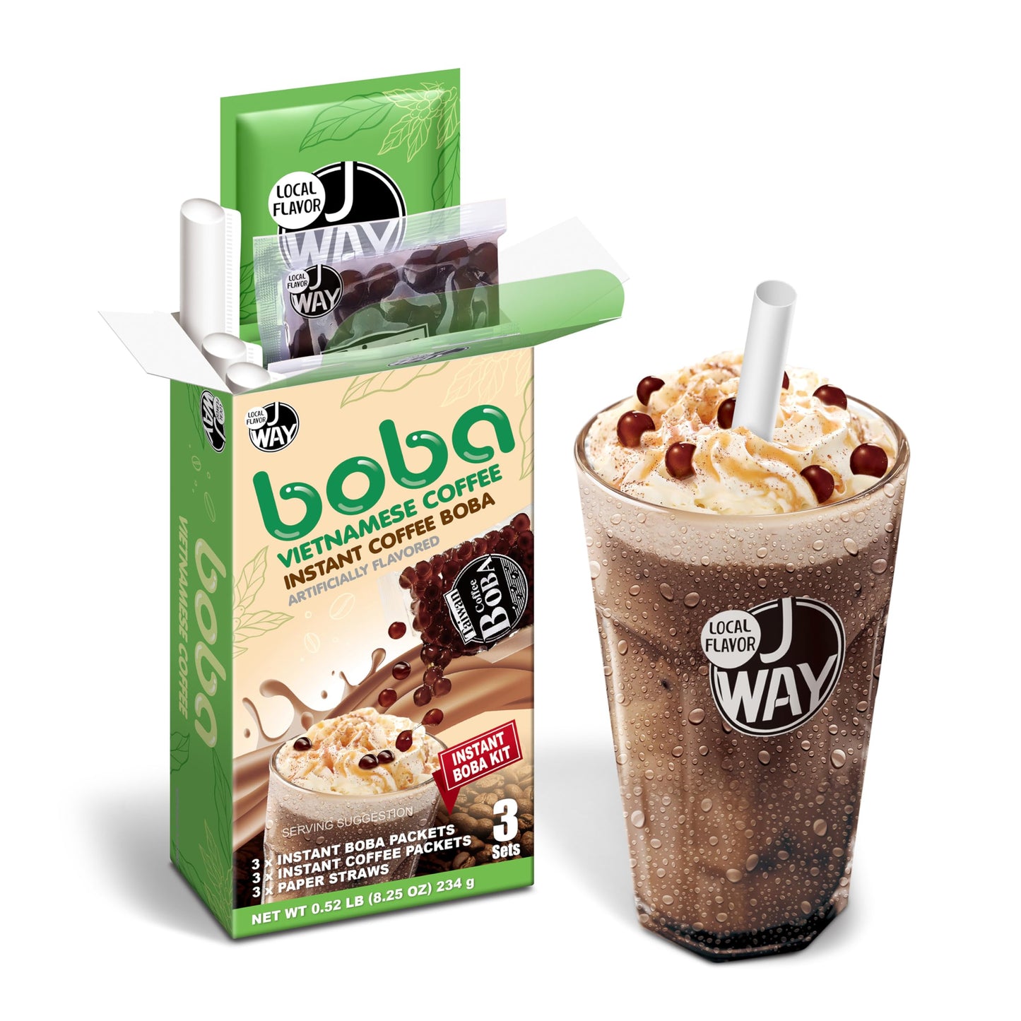 J WAY Instant Vietnamese Coffee Kit with Authentic Brown Sugar Tapioca Boba, Ready in Under One Minute, Paper Straws Included - 
