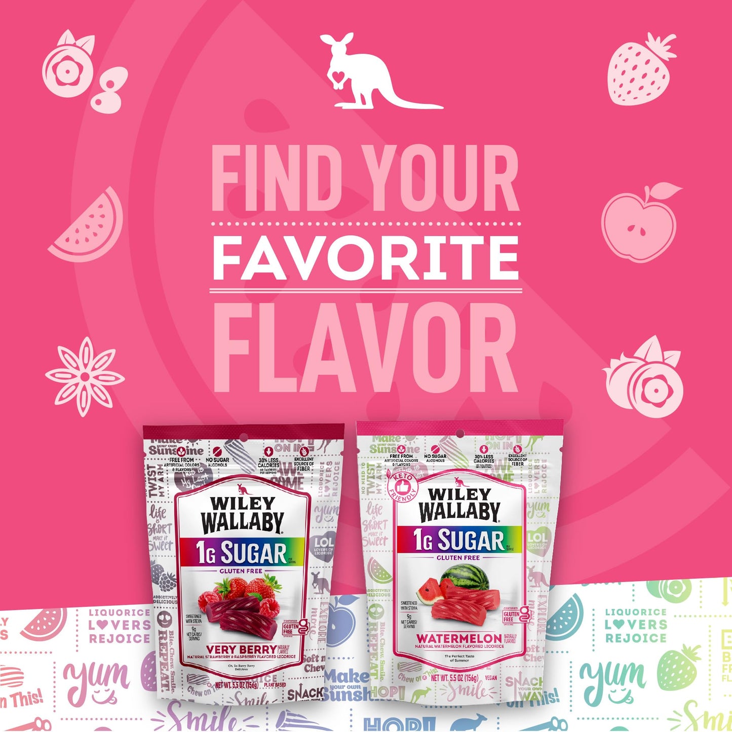 Wiley Wallaby Low Sugar Gluten Free Licorice | Soft Chewy Licorice | Watermelon and Very Berry Flavors | 5.5 Ounce | 4 Pack