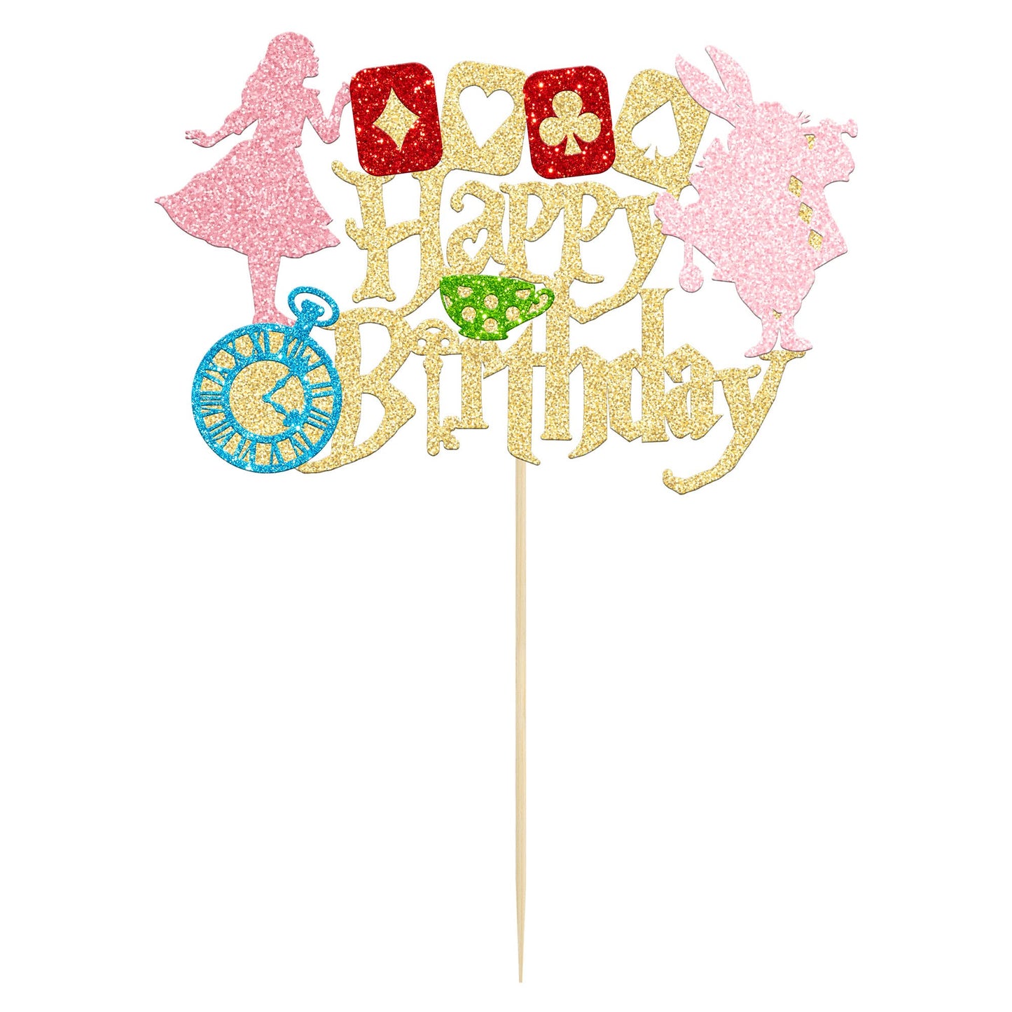 Gyufise Cake Topper Gold Glitter Alice in Wonderland Theme, Small, Paper